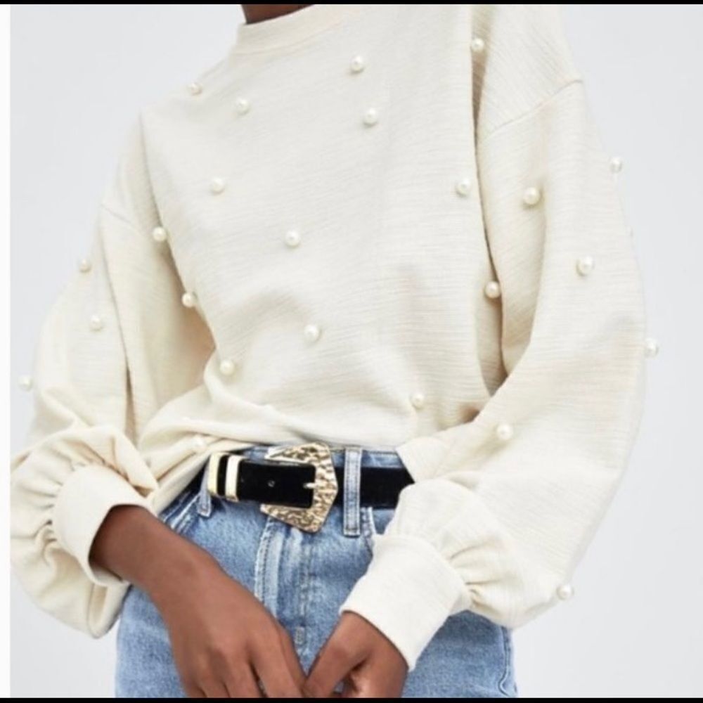ZARA-PEARL Textured Balloon Sleeve Pullover (Medium)